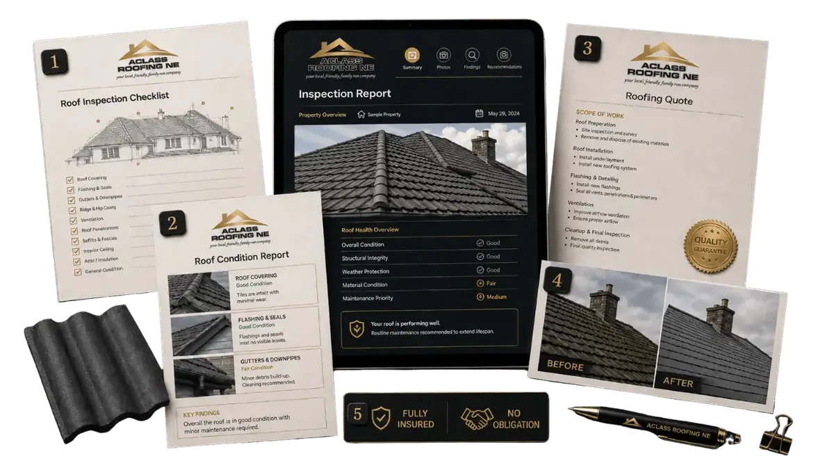 Example ACLASS roof inspection checklist, condition report, inspection report and quote